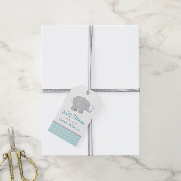 Baby Shower Favor Tags| Elephant Aqua Gray Pack Of Gift Tags-2