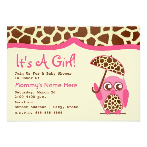 Baby Shower - Giraffe Print & Pink Owl & Umbrella Invites