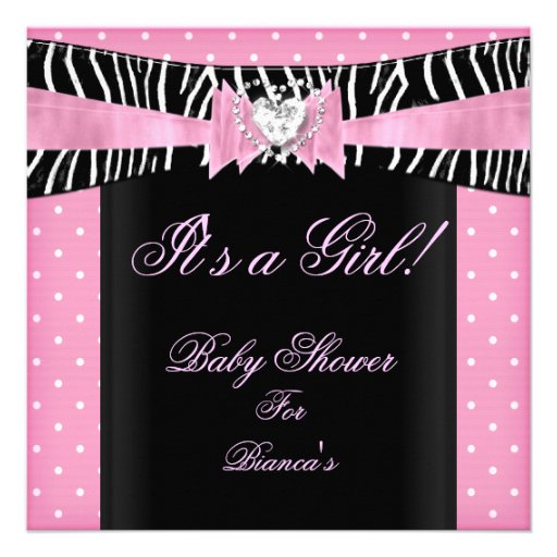 Baby Shower Girl Baby Pink Black Zebra polka dots Announcements