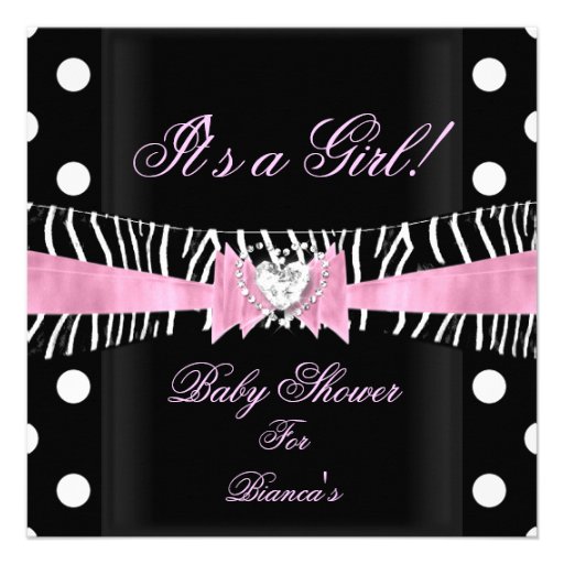 Baby Shower Girl Baby Pink Black Zebra polka dots Invites