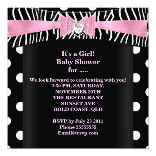 Baby Shower Girl Baby Pink Black Zebra polka dots Invites