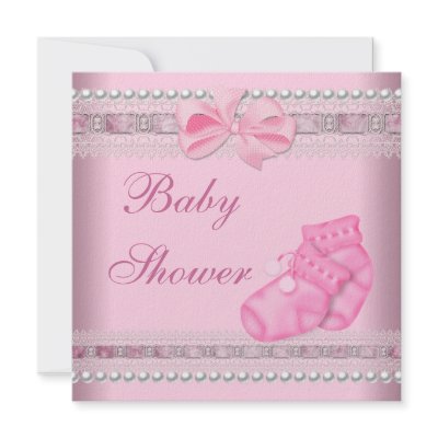 Baby Shower Girl Baby Pink Booties Pearl Lace Custom Invites by Zizzago