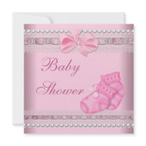 Baby Shower Girl Baby Pink Booties Pearl Lace Custom Invites