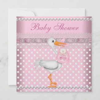 Baby Shower Girl Baby Pink Spot Pearl Stork zazzle_invitation
