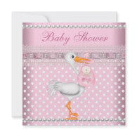 Baby Shower Girl Baby Pink Spot Pearl Stork invitation