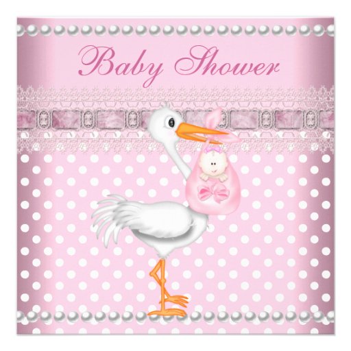 Baby Shower Girl Baby Pink Spot Pearl Stork Invites