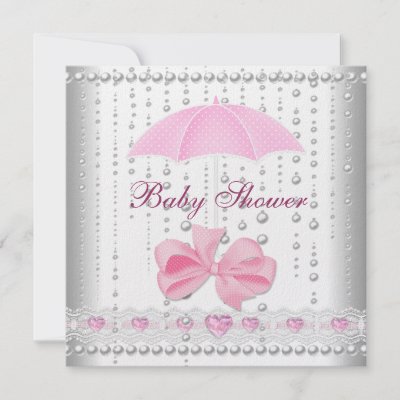 Baby Shower Girl Baby Pink Umbrella Pearl White Personalized Invitations