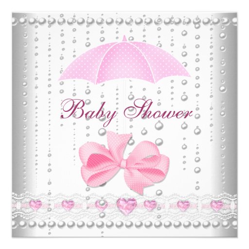 Baby Shower Girl Baby Pink Umbrella Pearl White Personalized Invitations