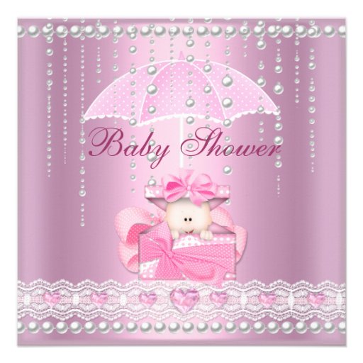 Baby Shower Girl Baby Pink Umbrella Pearl White Announcements