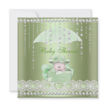 Baby Shower Girl Boy Baby Mint Umbrella Pearl Custom Announcements