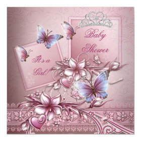 Baby Shower Girl Pink Princess Butterfly 5.25x5.25 Square Paper Invitation Card