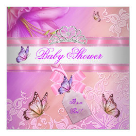 Baby Shower Girl Pink Purple Princess Butterfly 5.25x5.25 Square Paper Invitation Card