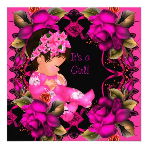 Baby Shower Girl Pink Rose Flowers 2 Personalized Announcements