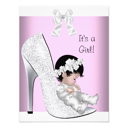 Baby Shower Girl Pink Silver White Glitter Shoe Announcements