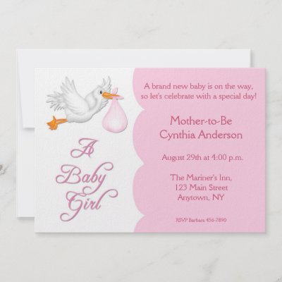 Simple Baby Shower Invitations on Baby Shower Invitation For Girl With Stork Carrying Pink Bundle