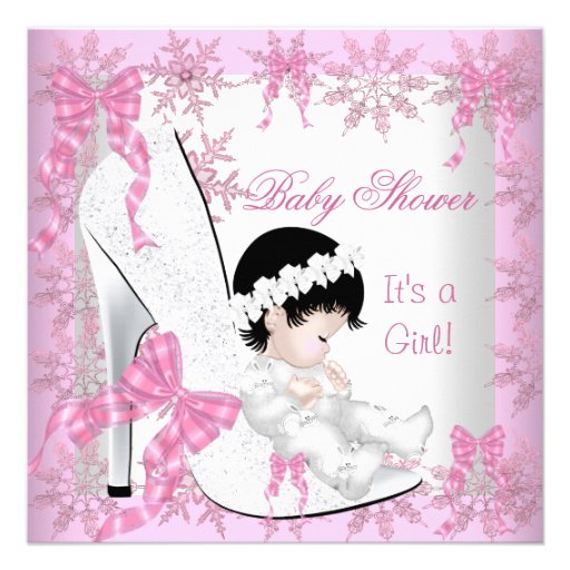 Baby Shower Girl Pretty Pink Snowflakes Shoe Invitation