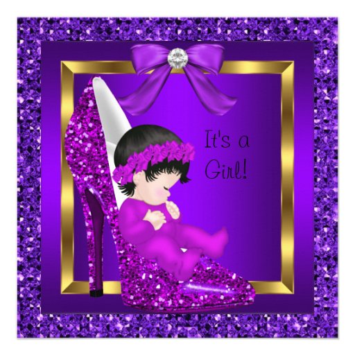 Baby Shower Girl Purple Glitter Shoe Invitations