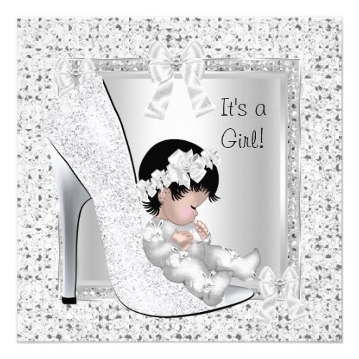 Baby Shower Girl Silver White Glitter Shoe Custom Invites