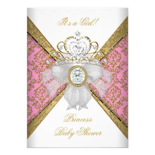 Baby Shower Girl White Pink Princess Damask Invitation (front side)