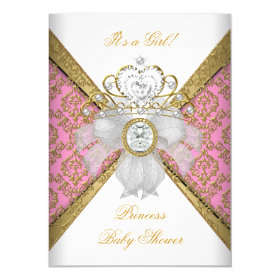 Baby Shower Girl White Pink Princess Damask 4.5x6.25 Paper Invitation Card
