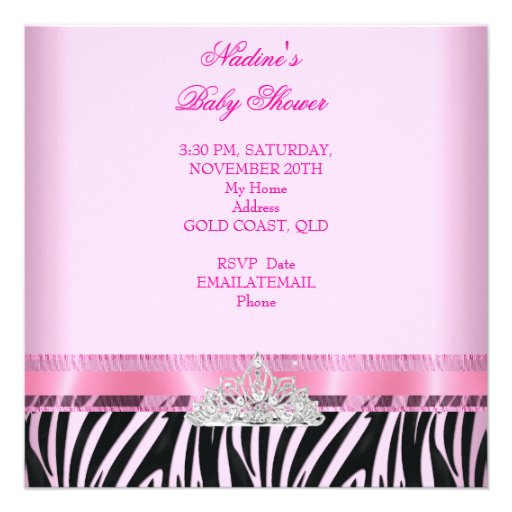 Baby Shower Girl Zebra Pink Princess Black Personalized Invitation