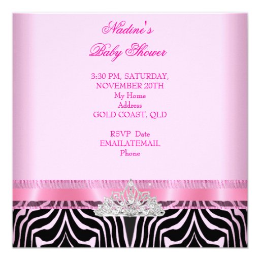 Baby Shower Girl Zebra Pink Princess Black Personalized Invitations