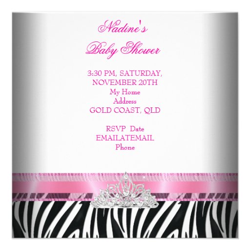 Baby Shower Girl Zebra Pink Princess Black Personalized Invite