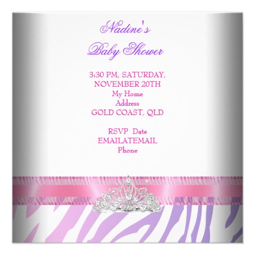 Baby Shower Girl Zebra Pink Purple Princess Personalized Invite