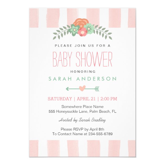 Baby Shower Graceful Floral Blush Pink Stripes Card