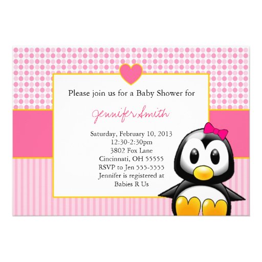 Baby Shower Invitation - Baby Penquin Heart Girl