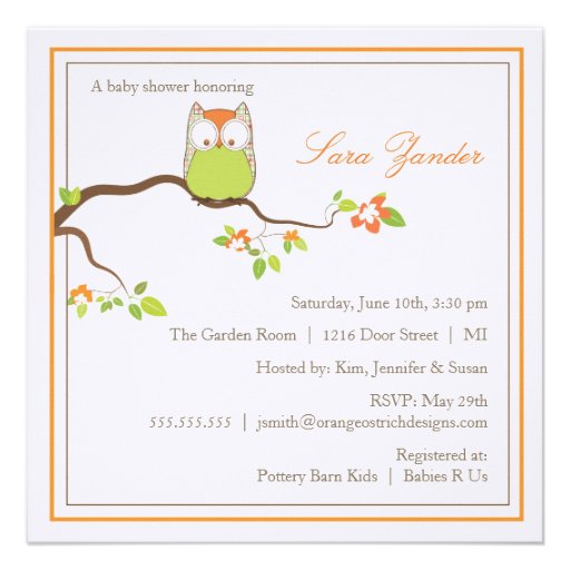 Baby Shower Invitation - Green and Orange Baby Owl