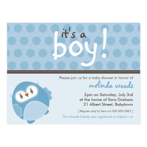 BABY SHOWER INVITATION :: it's a boy owl 7 Postcard