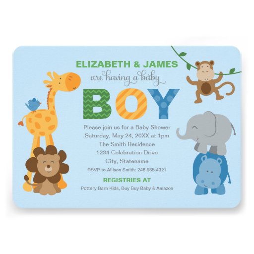 Baby Shower Invitation | Jungle Animals for Boy (front side)