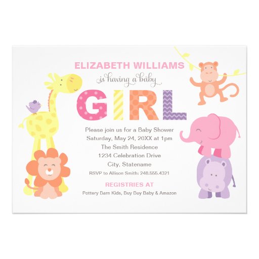 Baby Shower Invitation | Jungle Animals for Girl (front side)