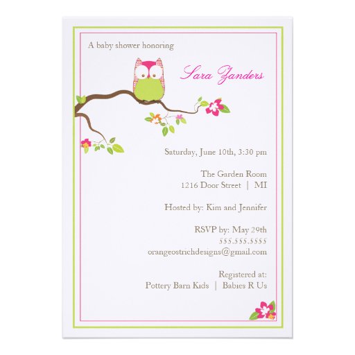 Baby Shower Invitation - Pink  and Green Baby Owl