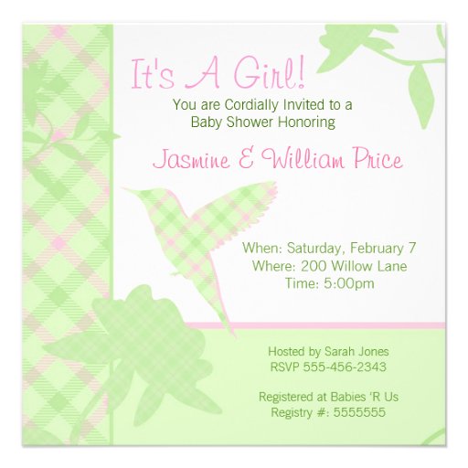 Baby Shower Invitation Plaid Hummingbird Pink & Gr