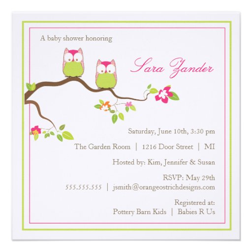 Baby Shower Invitation - Twin Girl Baby Owls (front side)