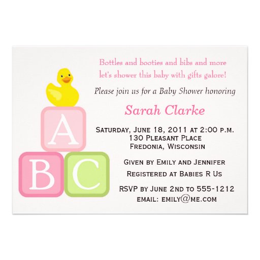 Baby Shower Invitation with Duckie and ABC blocks (front side)