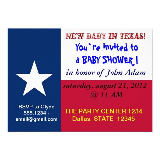 Baby Shower Invitation with Flag of Texas (front side)
