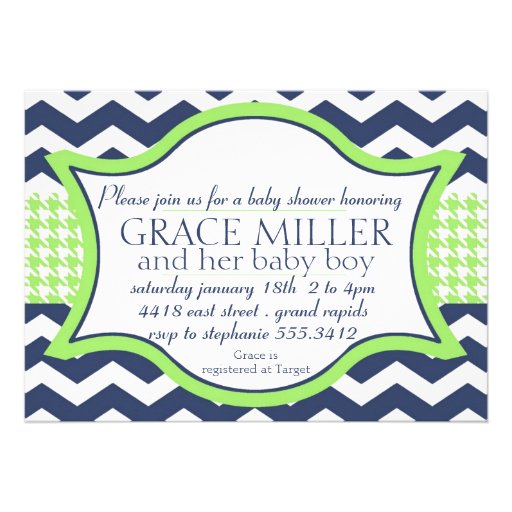 Baby shower invite. blue chevron bright green