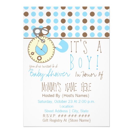 Baby Shower Invite - Blue Diaper Pin & Polka Dot