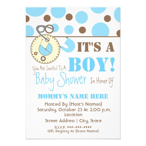 Baby Shower Invite - Blue Diaper Pin & Polka Dots