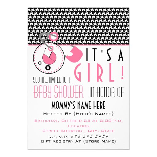 Baby Shower Invite - Pink Diaper Pin & Houndstooth