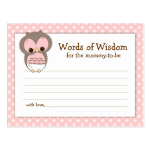 Baby Shower Mom Advice Card Pink Sleepy Owl Postcards