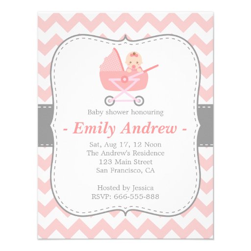 Baby Shower - Pink and White Chevron with Stroller Custom Invitations