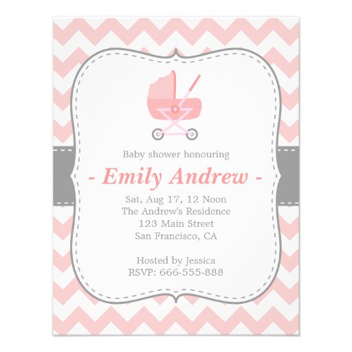Baby Shower - Pink and White Chevron with Stroller Personalized Invitations
