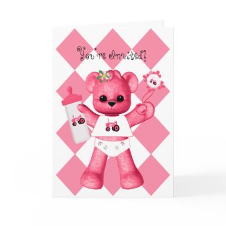 Baby Shower Pink Bear and Tractor Invitation card