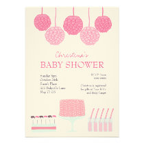 Baby Shower Pink Party Ruffle Cake Pom Poms Invite