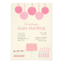 Baby Shower Pink Party Ruffle Cake Pom Poms Invite