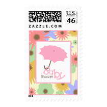 Baby Shower  - Pink Umbrella & Pastel Flowers Postage